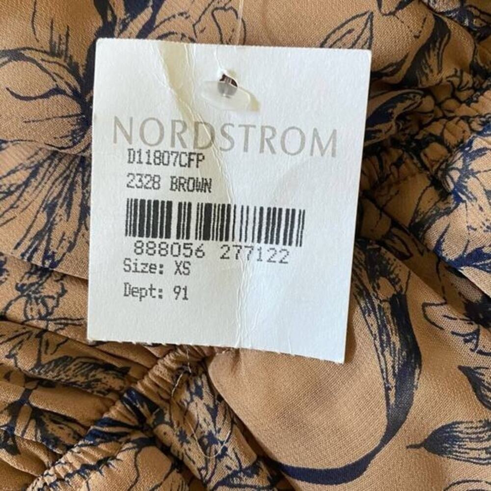 Nordstrom Soprano Brown Tan w/Navy Flowers Sheer Ruffled Flowy Dress XS NWT - Picture 4 of 10